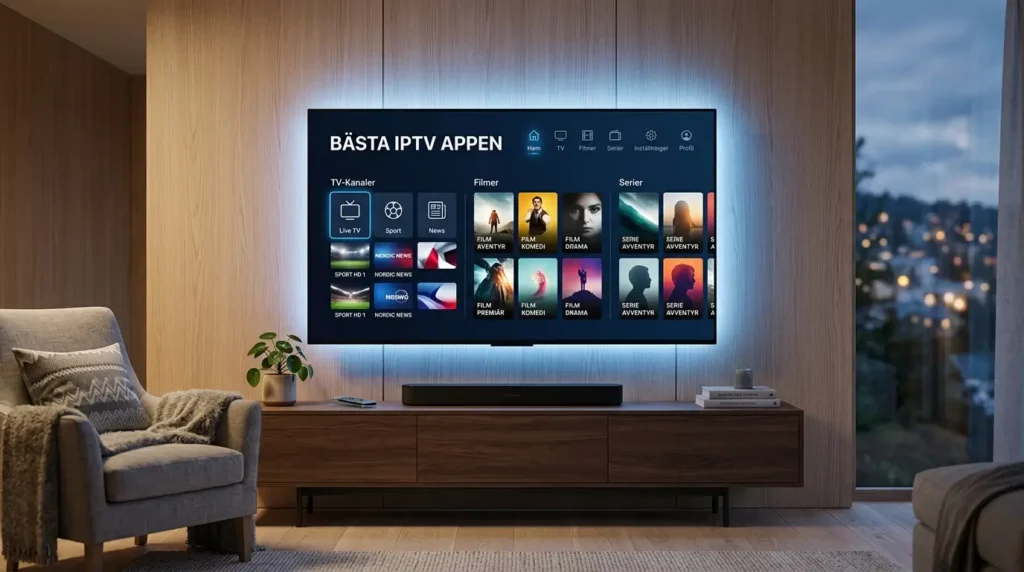 Bästa IPTV appen på en modern smart-TV med futuristiskt streaminggränssnitt.