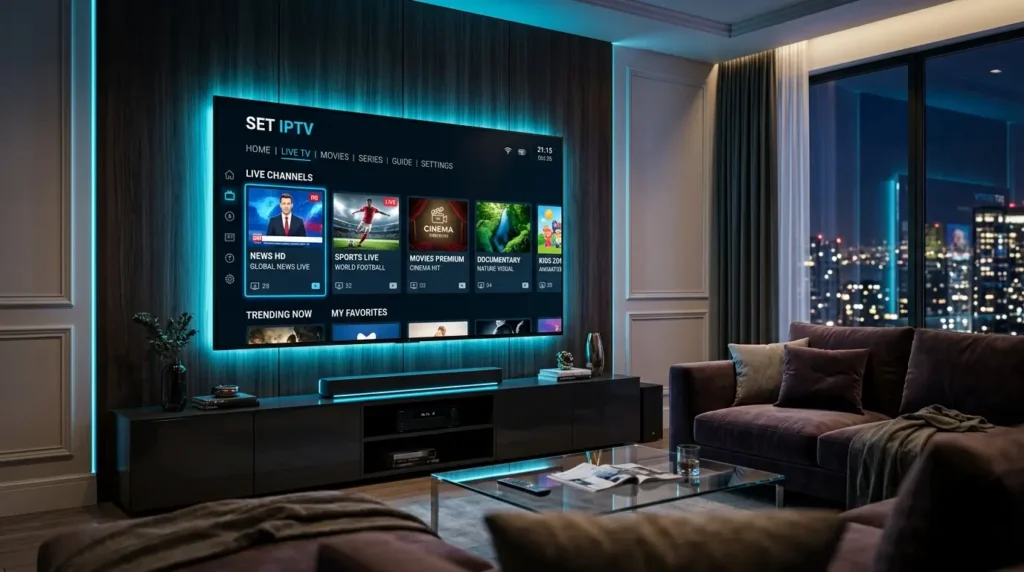 SET IPTV på smart-TV, mobiltelefon och surfplatta med modern streamingdesign.