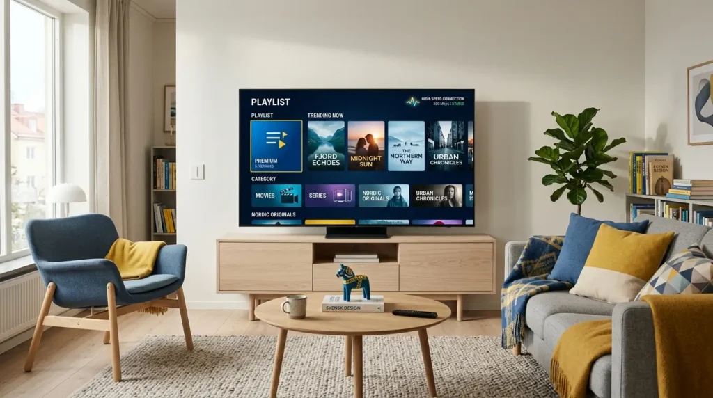 Svensk familj använder bästa IPTV på en smart-TV hemma