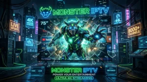 Monster IPTV karaktär i futuristiskt kontrollrum med flera skärmar
