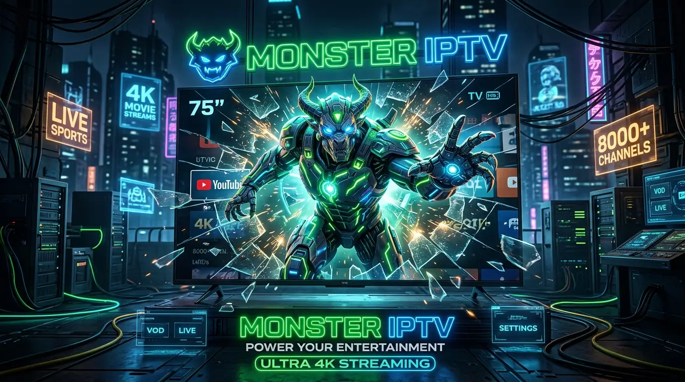 Monster IPTV karaktär i futuristiskt kontrollrum med flera skärmar