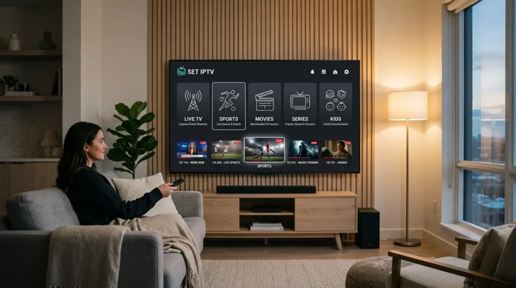 SET IPTV-tjänst på en modern smart-TV med futuristiskt streaminggränssnitt.
