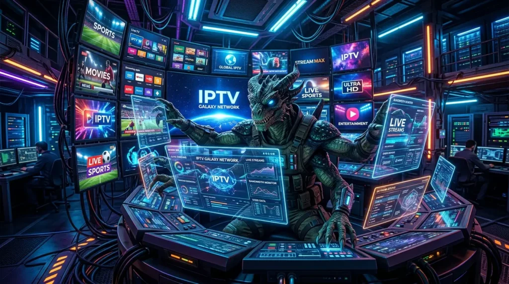 Monster IPTV maskot på futuristisk smart TV med neonljus