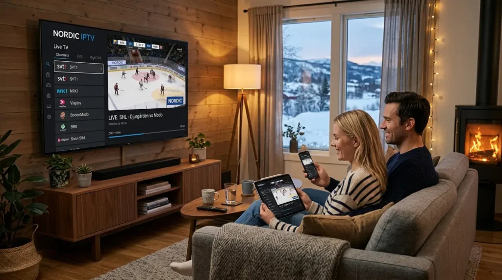 Nordic IPTV streaming i modern skandinavisk hemmamiljö