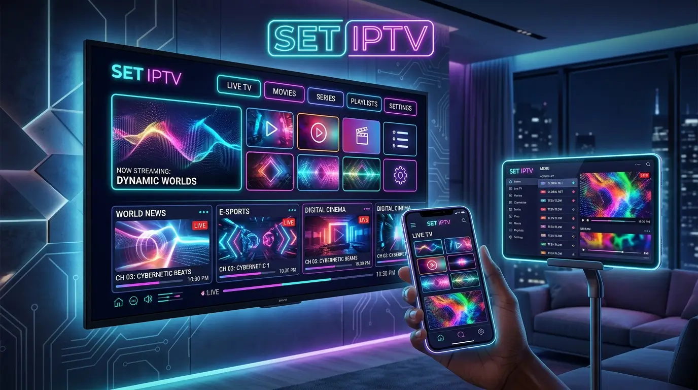 Modern SET IPTV-plattform i ett skandinaviskt vardagsrum med smart-TV.