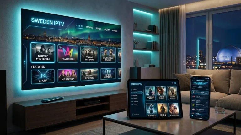 Modern Nordisk IPTV-tjänst på en smart-TV i ett skandinaviskt vardagsrum.