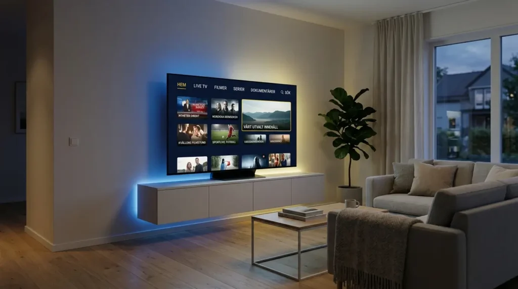 Familj använder svensk IPTV-tjänst i ett modernt skandinaviskt hem.