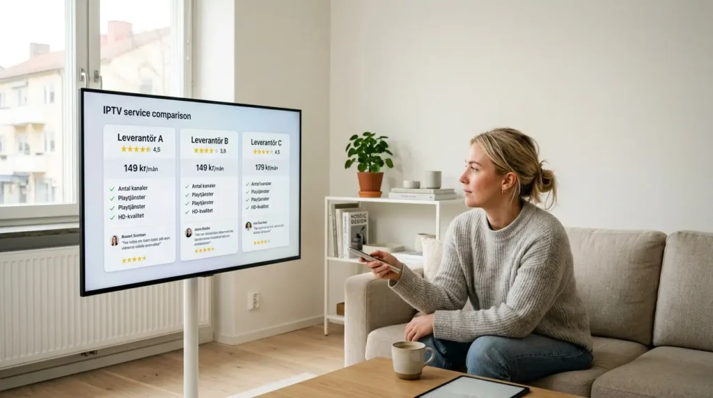 Användare jämför IPTV bäst i test på en smart TV med snabb internetanslutning
