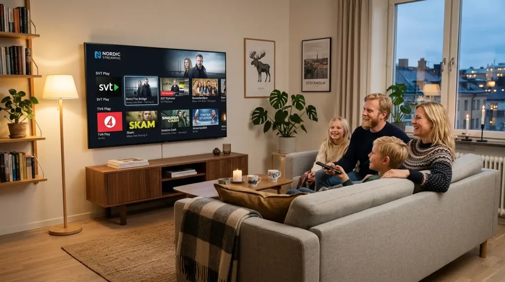 Premium IPTV Sverige banner med smart TV och Stockholm skyline