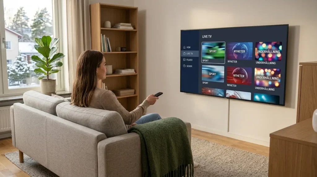Användare använder bästa IPTV appen i ett modernt nordiskt hem.