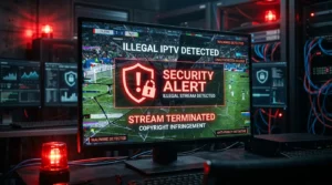 Varningsbild för iptv olagligt med säkerhetsvarningar och trasig streaming