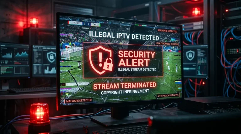 Varningsbild för iptv olagligt med säkerhetsvarningar och trasig streaming
